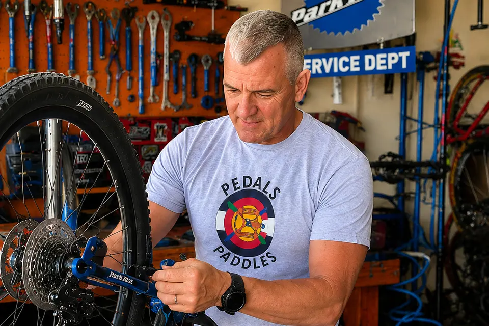The owner working on the rear derailleur of a blue mountain bike held in a Park Tool repair stand, both hands on the mech, with the pegboard of wrenches and a “Service Dept” sign behind him.